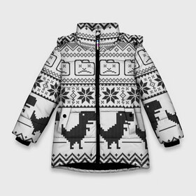 Зимняя куртка для девочек 3D с принтом Свитер с T-rexами в Новосибирске, ткань верха — 100% полиэстер; подклад — 100% полиэстер, утеплитель — 100% полиэстер. | длина ниже бедра, удлиненная спинка, воротник стойка и отстегивающийся капюшон. Есть боковые карманы с листочкой на кнопках, утяжки по низу изделия и внутренний карман на молнии. 

Предусмотрены светоотражающий принт на спинке, радужный светоотражающий элемент на пуллере молнии и на резинке для утяжки. | game | t rex | арнамент | бабушке | бежит | браузер | внуку | вязаный | вязь | гугл | девушке | дед | дочке | женщине | игры | интернет | любим | маме | мужчине | п | папе | парню | пиксель | подарок | свитер