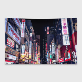 Флаг-баннер с принтом Ночной Токио в Новосибирске, 100% полиэстер | размер 67 х 109 см, плотность ткани — 95 г/м2; по краям флага есть четыре люверса для крепления | город | города | дома | здания | иероглифы | надписи | небо | неон | ночь | огни | страны | сумерки | улица | фонари | япония
