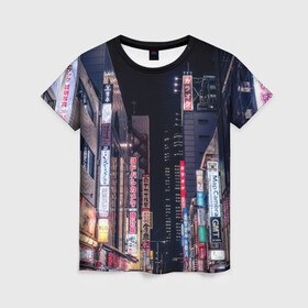 Женская футболка 3D с принтом Ночной Токио в Новосибирске, 100% полиэфир ( синтетическое хлопкоподобное полотно) | прямой крой, круглый вырез горловины, длина до линии бедер | город | города | дома | здания | иероглифы | надписи | небо | неон | ночь | огни | страны | сумерки | улица | фонари | япония