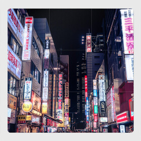 Магнитный плакат 3Х3 с принтом Ночной Токио в Новосибирске, Полимерный материал с магнитным слоем | 9 деталей размером 9*9 см | город | города | дома | здания | иероглифы | надписи | небо | неон | ночь | огни | страны | сумерки | улица | фонари | япония