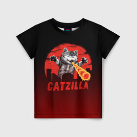 Детская футболка 3D с принтом CATZILLA в Новосибирске, 100% гипоаллергенный полиэфир | прямой крой, круглый вырез горловины, длина до линии бедер, чуть спущенное плечо, ткань немного тянется | catzilla | годзилла | кот | котик | кошка | кэтзилла | мимими | прикол | прикольная