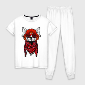 Женская пижама хлопок с принтом Красная панда в Новосибирске, 100% хлопок | брюки и футболка прямого кроя, без карманов, на брюках мягкая резинка на поясе и по низу штанин | cool | cute | fashion | panda | red | в очках | забавная | красная | крутая | милая | модная | очки | панда | пандарен | пандочка | пандочки | панды | смешная | солнечные очки | улыбается