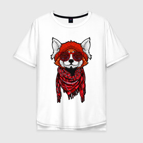 Мужская футболка хлопок Oversize с принтом Красная панда в Новосибирске, 100% хлопок | свободный крой, круглый ворот, “спинка” длиннее передней части | cool | cute | fashion | panda | red | в очках | забавная | красная | крутая | милая | модная | очки | панда | пандарен | пандочка | пандочки | панды | смешная | солнечные очки | улыбается