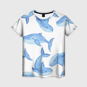 Женская футболка 3D с принтом Косяк китов в Новосибирске, 100% полиэфир ( синтетическое хлопкоподобное полотно) | прямой крой, круглый вырез горловины, длина до линии бедер | арт | карандашом | кит | киты | красками | море | моря | океан | океаны | под водой | рисунок