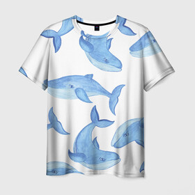 Мужская футболка 3D с принтом Косяк китов в Новосибирске, 100% полиэфир | прямой крой, круглый вырез горловины, длина до линии бедер | арт | карандашом | кит | киты | красками | море | моря | океан | океаны | под водой | рисунок