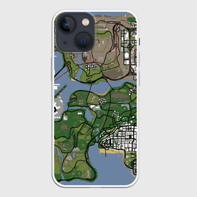 Чехол для iPhone 13 mini с принтом San andreas в Новосибирске,  |  | game map | gta | gta 3 | gta 4 | gta 5 | gta map | liderty city | map | rockstar | san andreas | san andreas map | vice city | гта | гта карта | игровая карта | игровой мир | карта | карта гта | карта сан | сан андреас | сан андрес | сан андрэас 