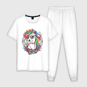 Мужская пижама хлопок с принтом Единорог хипстер в Новосибирске, 100% хлопок | брюки и футболка прямого кроя, без карманов, на брюках мягкая резинка на поясе и по низу штанин
 | hipstern | horse | unicorn | единорог | лошадь | пони | радуга | разноцветная | хипстер