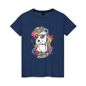 Женская футболка хлопок с принтом Единорог хипстер в Новосибирске, 100% хлопок | прямой крой, круглый вырез горловины, длина до линии бедер, слегка спущенное плечо | hipstern | horse | unicorn | единорог | лошадь | пони | радуга | разноцветная | хипстер