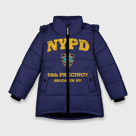 Зимняя куртка для девочек 3D с принтом Бруклин 9-9 департамент NYPD в Новосибирске, ткань верха — 100% полиэстер; подклад — 100% полиэстер, утеплитель — 100% полиэстер. | длина ниже бедра, удлиненная спинка, воротник стойка и отстегивающийся капюшон. Есть боковые карманы с листочкой на кнопках, утяжки по низу изделия и внутренний карман на молнии. 

Предусмотрены светоотражающий принт на спинке, радужный светоотражающий элемент на пуллере молнии и на резинке для утяжки. | 99 | brooklyn 99 | police | бруклин | бруклин 9 9 | девять девять | департамент | джейк | джеффордс | значок | логотип | нью йорк | перальта | сериал | терри | чарльз бойл
