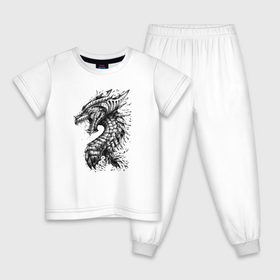 Детская пижама хлопок с принтом Китайский дракон арт в Новосибирске, 100% хлопок |  брюки и футболка прямого кроя, без карманов, на брюках мягкая резинка на поясе и по низу штанин
 | арт | динозавр | дракон | дракон арт | драконий рев | зубы | китайский дракон | китайский дракон арт | клыки | крутой дракон | оскал | рев | серый | черно белый | чешуя | ящерица
