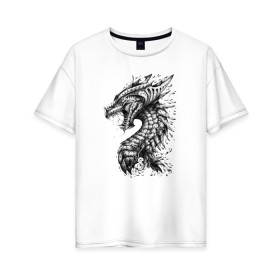 Женская футболка хлопок Oversize с принтом Китайский дракон арт в Новосибирске, 100% хлопок | свободный крой, круглый ворот, спущенный рукав, длина до линии бедер
 | арт | динозавр | дракон | дракон арт | драконий рев | зубы | китайский дракон | китайский дракон арт | клыки | крутой дракон | оскал | рев | серый | черно белый | чешуя | ящерица