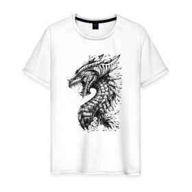 Мужская футболка хлопок с принтом Китайский дракон арт в Новосибирске, 100% хлопок | прямой крой, круглый вырез горловины, длина до линии бедер, слегка спущенное плечо. | Тематика изображения на принте: арт | динозавр | дракон | дракон арт | драконий рев | зубы | китайский дракон | китайский дракон арт | клыки | крутой дракон | оскал | рев | серый | черно белый | чешуя | ящерица