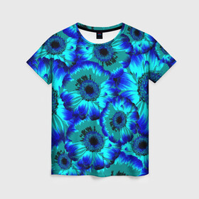 Женская футболка 3D с принтом Голубые хризантемы в Новосибирске, 100% полиэфир ( синтетическое хлопкоподобное полотно) | прямой крой, круглый вырез горловины, длина до линии бедер | 8 марта | голубые хризантемы | голубые цветы | хризантемы | цветы