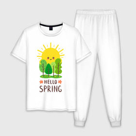 Мужская пижама хлопок с принтом Hello Spring в Новосибирске, 100% хлопок | брюки и футболка прямого кроя, без карманов, на брюках мягкая резинка на поясе и по низу штанин
 | 2020 | арт | весна | деревья | лес | солнце | солнышко | цветы