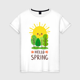 Женская футболка хлопок с принтом Hello Spring в Новосибирске, 100% хлопок | прямой крой, круглый вырез горловины, длина до линии бедер, слегка спущенное плечо | 2020 | арт | весна | деревья | лес | солнце | солнышко | цветы
