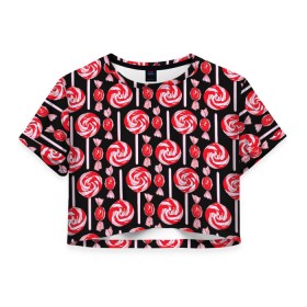 Женская футболка Crop-top 3D с принтом Леденцы в Новосибирске, 100% полиэстер | круглая горловина, длина футболки до линии талии, рукава с отворотами | конфеты | красный | леденцы | сладость | черный