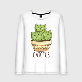 Женский лонгслив хлопок с принтом Catctus в Новосибирске, 100% хлопок |  | art | cactus | cats | kittens | pot | арт | горшок | кактус | коты | котята | кошки