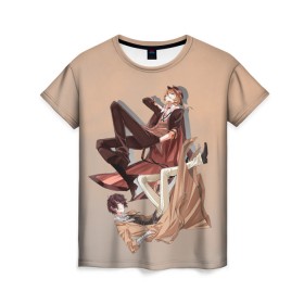 Женская футболка 3D с принтом Дазай и Чуя в Новосибирске, 100% полиэфир ( синтетическое хлопкоподобное полотно) | прямой крой, круглый вырез горловины, длина до линии бедер | bungou stray dogs | аниме | великие из бродячих псов | дазай | чуя