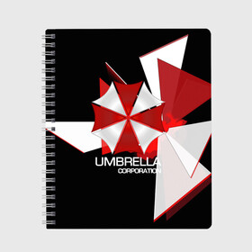 Тетрадь с принтом UMBRELLA CORP в Новосибирске, 100% бумага | 48 листов, плотность листов — 60 г/м2, плотность картонной обложки — 250 г/м2. Листы скреплены сбоку удобной пружинной спиралью. Уголки страниц и обложки скругленные. Цвет линий — светло-серый
 | biohazard | biohazard 7 | crocodile | fang | game | hand | monster | new umbrella | resident evil | resident evil 7 | umbrella | umbrella corp | umbrella corporation | zombie | обител