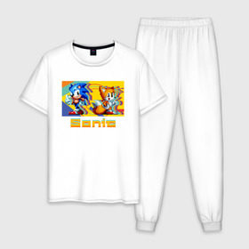 Мужская пижама хлопок с принтом Sonic mania 8-бит в Новосибирске, 100% хлопок | брюки и футболка прямого кроя, без карманов, на брюках мягкая резинка на поясе и по низу штанин
 | Тематика изображения на принте: 