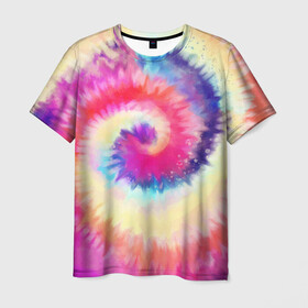 Мужская футболка 3D с принтом Tie Dye vortex в Новосибирске, 100% полиэфир | прямой крой, круглый вырез горловины, длина до линии бедер | art | hype | maelstrom | swirl | tie dye | trend | vortex | акварель | акрил | арт | буйство | вихрь | дизайн | завихрение | краски | красок | тай дай | торнадо | тренд | трендовая | хайповая