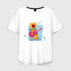 Мужская футболка хлопок Oversize с принтом Spring Cat в Новосибирске, 100% хлопок | свободный крой, круглый ворот, “спинка” длиннее передней части | art | cat | flowers | guitar | music | notes | snowdrops | spring | арт | весна | гитара | кот | котик | музыка | ноты | подснежники | цветы