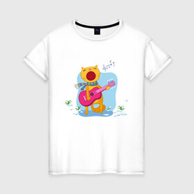 Женская футболка хлопок с принтом Spring Cat в Новосибирске, 100% хлопок | прямой крой, круглый вырез горловины, длина до линии бедер, слегка спущенное плечо | art | cat | flowers | guitar | music | notes | snowdrops | spring | арт | весна | гитара | кот | котик | музыка | ноты | подснежники | цветы