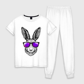 Женская пижама хлопок с принтом Клевый заяц в Новосибирске, 100% хлопок | брюки и футболка прямого кроя, без карманов, на брюках мягкая резинка на поясе и по низу штанин | заяц | заяц в очках | крутой | кул | солнечные очки