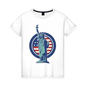 Женская футболка хлопок с принтом Usa Liberty Statue в Новосибирске, 100% хлопок | прямой крой, круглый вырез горловины, длина до линии бедер, слегка спущенное плечо | Тематика изображения на принте: friends | liberty | liberty statue | logo | new york | statue | usa | друзья | нью йорк | статуя | статуя свободы | сша