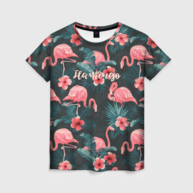 Женская футболка 3D с принтом Flamingo в Новосибирске, 100% полиэфир ( синтетическое хлопкоподобное полотно) | прямой крой, круглый вырез горловины, длина до линии бедер | Тематика изображения на принте: girl | woman | девушкам | девушки | листья | подарок | тропические цветы | фламинго | цветы