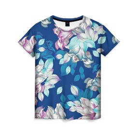 Женская футболка 3D с принтом Нежные цветы в Новосибирске, 100% полиэфир ( синтетическое хлопкоподобное полотно) | прямой крой, круглый вырез горловины, длина до линии бедер | girl | woman | девушкам | девушки | листья | подарок | тропические цветы | цветы