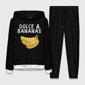 Женский костюм 3D (с толстовкой) с принтом Dolce and Bananas в Новосибирске,  |  | banana | dolce and gabbana | банан | бананы | дольче и габбана | на английском | на иностранном | надписи на английском | надпись | прикольные надписи | слово | слоган | со словом | чёрно белая