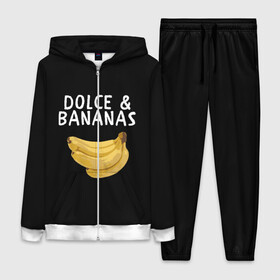 Женский костюм 3D с принтом Dolce and Bananas в Новосибирске,  |  | Тематика изображения на принте: banana | dolce and gabbana | банан | бананы | дольче и габбана | на английском | на иностранном | надписи на английском | надпись | прикольные надписи | слово | слоган | со словом | чёрно белая