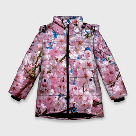 Зимняя куртка для девочек 3D с принтом Цветущая Сакура в Новосибирске, ткань верха — 100% полиэстер; подклад — 100% полиэстер, утеплитель — 100% полиэстер. | длина ниже бедра, удлиненная спинка, воротник стойка и отстегивающийся капюшон. Есть боковые карманы с листочкой на кнопках, утяжки по низу изделия и внутренний карман на молнии. 

Предусмотрены светоотражающий принт на спинке, радужный светоотражающий элемент на пуллере молнии и на резинке для утяжки. | Тематика изображения на принте: 8 марта | весна | вишня | женский день | лепестки | март | поздравления | праздник 8 марта | ромашки | сакура | цветок | цветочки | цветы | япония