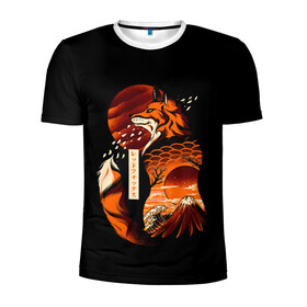 Мужская футболка 3D спортивная с принтом JAPAN FOX в Новосибирске, 100% полиэстер с улучшенными характеристиками | приталенный силуэт, круглая горловина, широкие плечи, сужается к линии бедра | fox | japan | orange | sakura | знаки | иероглифы | лиса | сакура | символы | фудзияма | япония