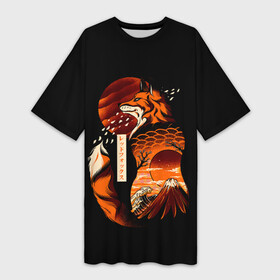 Платье-футболка 3D с принтом JAPAN FOX | ЯПОНСКАЯ ЛИСА в Новосибирске,  |  | fox | japan | orange | sakura | знаки | иероглифы | лиса | сакура | символы | фудзияма | япония