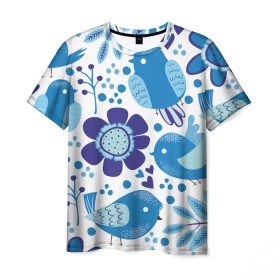 Мужская футболка 3D с принтом Воробушки в Новосибирске, 100% полиэфир | прямой крой, круглый вырез горловины, длина до линии бедер | bird | forest | russia | winter | воробей | гжель | голубь | зима | лес | настроение | птица | птицы | россия | синий | синичка | хобби | хохлома | цвет | цветы