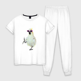 Женская пижама хлопок с принтом Попугай в очках в Новосибирске, 100% хлопок | брюки и футболка прямого кроя, без карманов, на брюках мягкая резинка на поясе и по низу штанин | крутой попугай | мем | попугай в очках | прикол | птица | смешная картинка