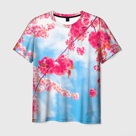 Мужская футболка 3D с принтом Цветение Вишни в Новосибирске, 100% полиэфир | прямой крой, круглый вырез горловины, длина до линии бедер | flowers | pink | бутоны | весна | вишня | дерево | листья | небо | облака | природа | розовый | сакура | солнце | цветение | цветочки | цветы