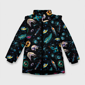 Зимняя куртка для девочек 3D с принтом Creatures of Deep ocean в Новосибирске, ткань верха — 100% полиэстер; подклад — 100% полиэстер, утеплитель — 100% полиэстер. | длина ниже бедра, удлиненная спинка, воротник стойка и отстегивающийся капюшон. Есть боковые карманы с листочкой на кнопках, утяжки по низу изделия и внутренний карман на молнии. 

Предусмотрены светоотражающий принт на спинке, радужный светоотражающий элемент на пуллере молнии и на резинке для утяжки. | creatures | dark | deep | fish | ocean | кальмар | монстр | океан | рыбы | хищник