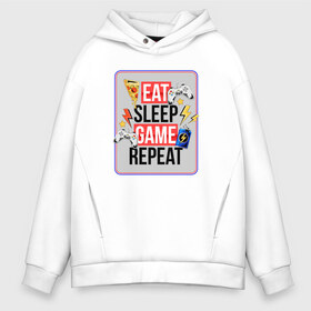 Мужское худи Oversize хлопок с принтом EAT SLEEP GAME REPEAT в Новосибирске, френч-терри — 70% хлопок, 30% полиэстер. Мягкий теплый начес внутри —100% хлопок | боковые карманы, эластичные манжеты и нижняя кромка, капюшон на магнитной кнопке | Тематика изображения на принте: 90 | 90е | dendy | plastation | sega | видеоигра | денди | джойстик | игра | игрок | игроман | киберспортсмен | кибеспорт | сега