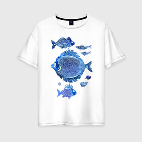 Женская футболка хлопок Oversize с принтом Рыбы Чёрного моря в Новосибирске, 100% хлопок | свободный крой, круглый ворот, спущенный рукав, длина до линии бедер
 | синий море рыба рыбы акварель графика забавные мультяшные лето