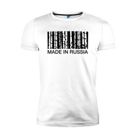 Мужская футболка премиум с принтом Made in Russia в Новосибирске, 92% хлопок, 8% лайкра | приталенный силуэт, круглый вырез ворота, длина до линии бедра, короткий рукав | Тематика изображения на принте: barcode | country | forest | russia | береза | лес | родина | россия | страна | штрихкод