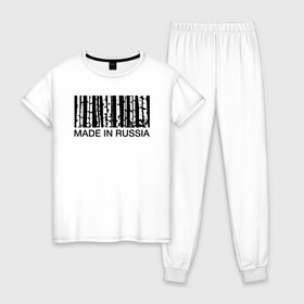 Женская пижама хлопок с принтом Made in Russia в Новосибирске, 100% хлопок | брюки и футболка прямого кроя, без карманов, на брюках мягкая резинка на поясе и по низу штанин | barcode | country | forest | russia | береза | лес | родина | россия | страна | штрихкод