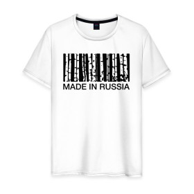 Мужская футболка хлопок с принтом Made in Russia в Новосибирске, 100% хлопок | прямой крой, круглый вырез горловины, длина до линии бедер, слегка спущенное плечо. | Тематика изображения на принте: barcode | country | forest | russia | береза | лес | родина | россия | страна | штрихкод