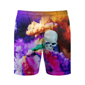 Мужские шорты спортивные с принтом Череп в дыму в Новосибирске,  |  | вода | дым | краски | огонь | скелеты | цветной | череп | шашки | яркий