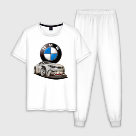 Мужская пижама хлопок с принтом BMW оскал в Новосибирске, 100% хлопок | брюки и футболка прямого кроя, без карманов, на брюках мягкая резинка на поясе и по низу штанин
 | bmw | car | germany | grin | jaw | power | sketch | teeth | автомобиль | бмв | германия | зубы | мощь | оскал | пасть | эскиз