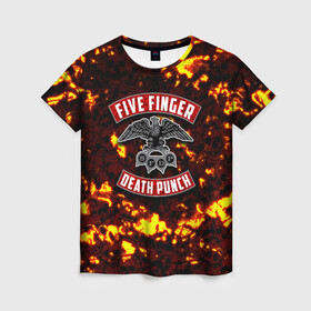 Женская футболка 3D с принтом Five Finger Death Punch в Новосибирске, 100% полиэфир ( синтетическое хлопкоподобное полотно) | прямой крой, круглый вырез горловины, длина до линии бедер | 5fdp | death | ffdp | finger | five | five finger death punch | punch | грув метал