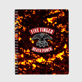 Тетрадь с принтом Five Finger Death Punch в Новосибирске, 100% бумага | 48 листов, плотность листов — 60 г/м2, плотность картонной обложки — 250 г/м2. Листы скреплены сбоку удобной пружинной спиралью. Уголки страниц и обложки скругленные. Цвет линий — светло-серый
 | Тематика изображения на принте: 5fdp | death | ffdp | finger | five | five finger death punch | punch | грув метал