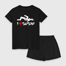 Женская пижама с шортиками хлопок с принтом I love sushi в Новосибирске, 100% хлопок | футболка прямого кроя, шорты свободные с широкой мягкой резинкой | brazzers | milf | ананизм | бразерс | браззерс | братья | звезда | куни | кунилингус | милф | надпись | прикол